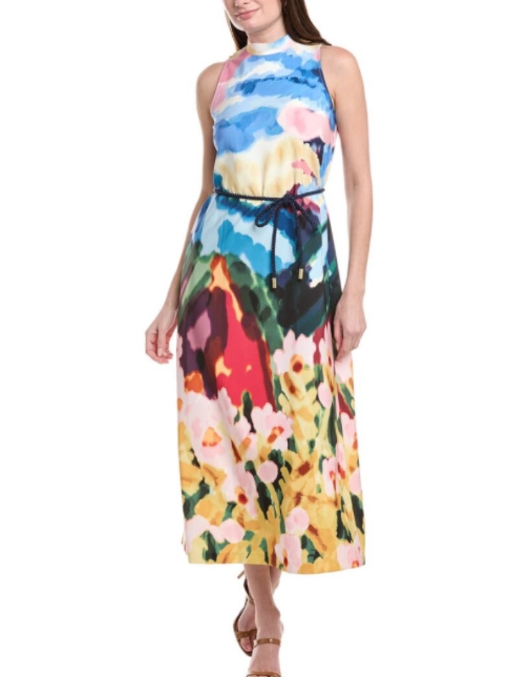 Anne Klein Printed Laguna Scuba Sleeveless Mock Ne Long Dress